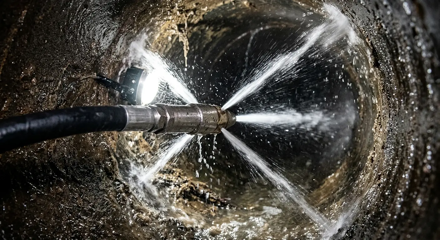 High-pressure hydro jetting nozzle cleaning sewer pipe for Trenchless Sewer Repair in Chatham