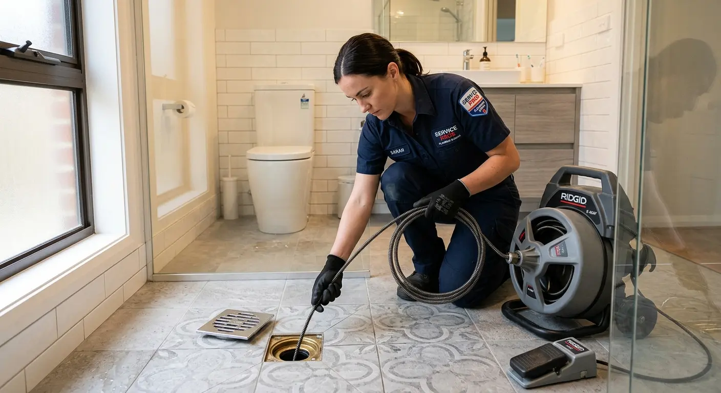 Technician clearing a bathroom floor drain for Sewer Line Replacement in Chatham